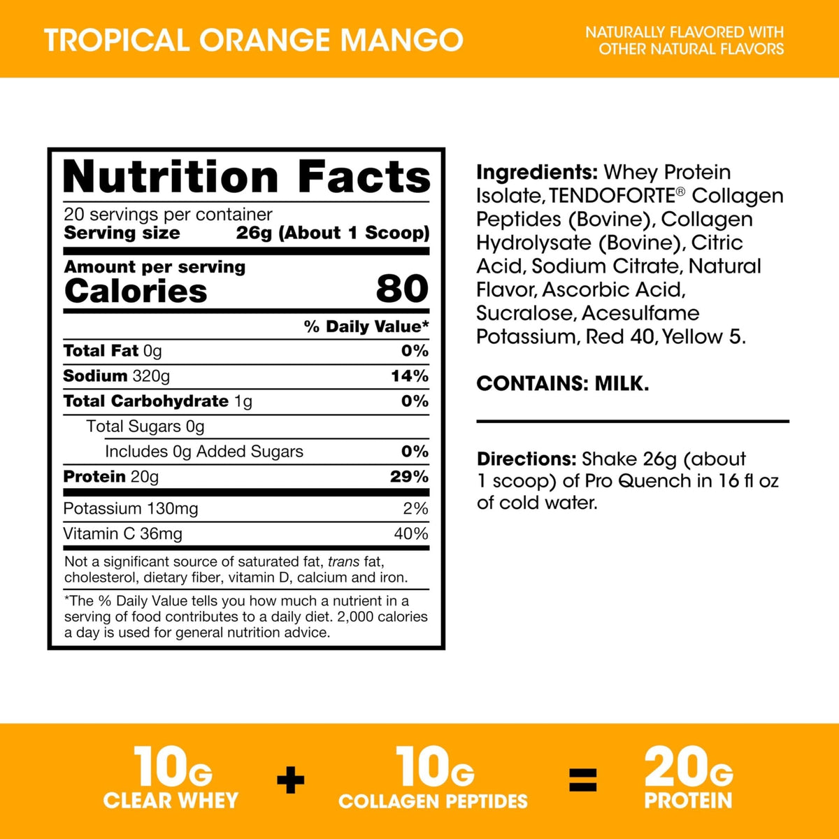 Optimum Nutrition Pro Quench, 10g Clear Protein, 10g Collagen peptides & Electrolyte Powder Drink Mix, Tropical Orange Mango, 20 Servings, - PrimeBioHealth - canada supplements