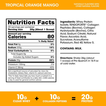 Optimum Nutrition Pro Quench, 10g Clear Protein, 10g Collagen peptides & Electrolyte Powder Drink Mix, Tropical Orange Mango, 20 Servings, - PrimeBioHealth - canada supplements