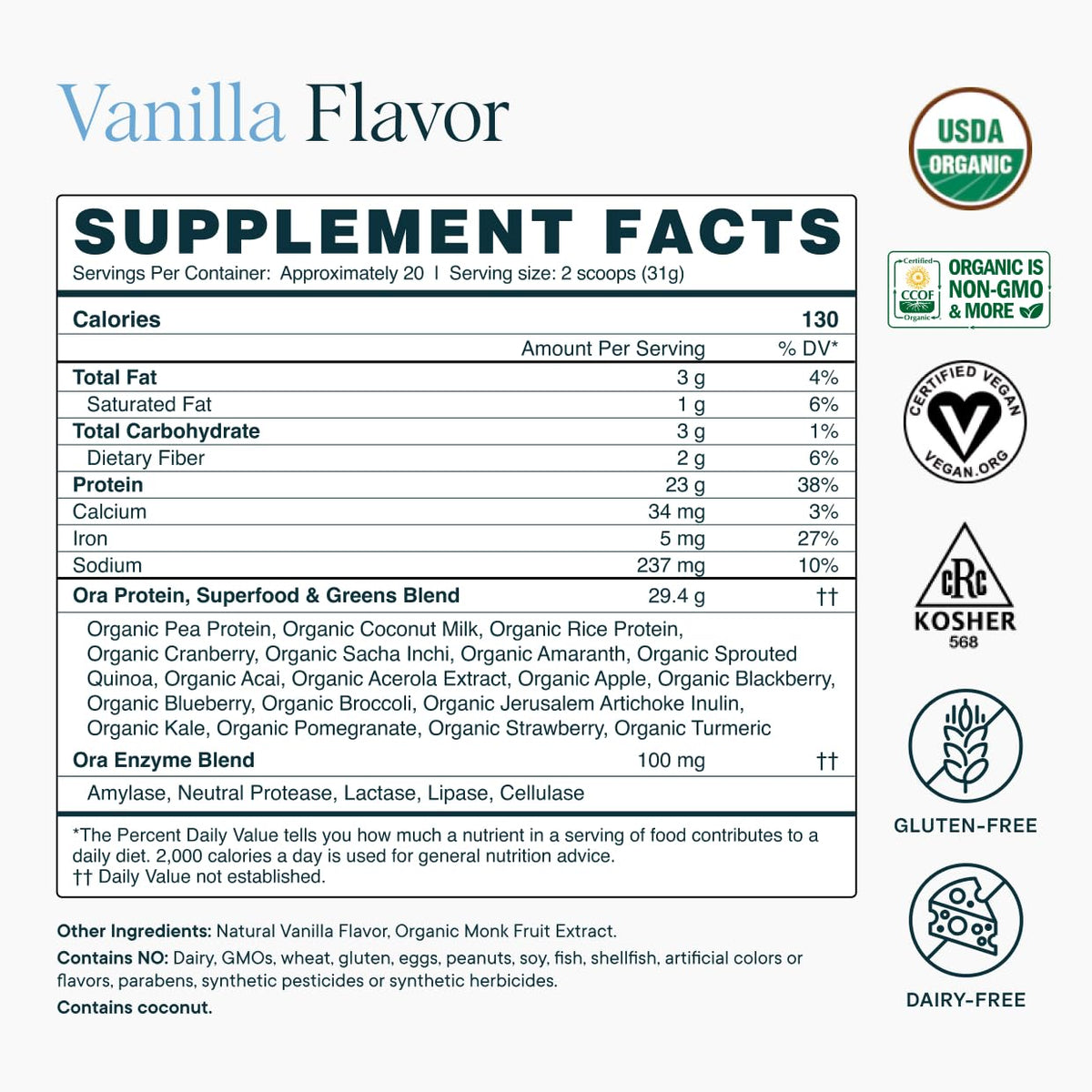 Ora Organic Plant-Based Protein Powder - 23g Protein for Women and Men - Vanilla Flavor 20 Servings, Vegan, Clean Protein - PrimeBioHealth - canada supplements