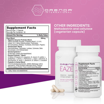 Orenda Eaze®: Gut Wellness Capsules | 6-in-1 Digestive Support with Probiotics, Endospores, Peptizyme-SP EN, Prebiotics, and Digestive Enzymes - PrimeBioHealth - canada supplements