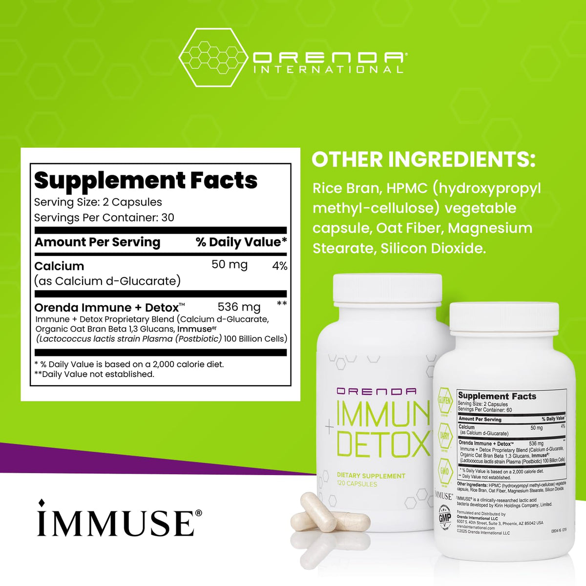 Orenda Immune + Detox - Specialized Formula with Calcium d-Glucarate, Beta 1,3 Glucans & IMMUSE® for Wellness and Balance - 120 Capsules - PrimeBioHealth - canada supplements