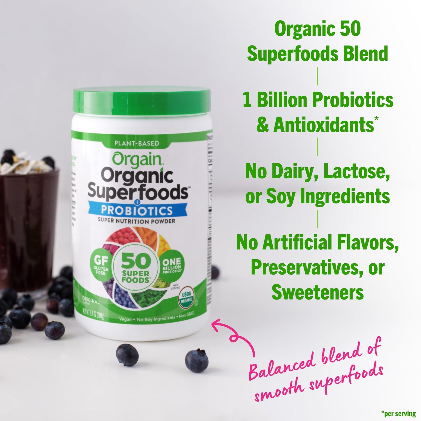 Orgain Organic Greens Powder + 50 Superfoods, Original - 1 Billion Probiotics for Digestive Health, Antioxidants, Vegan, Plant-Based, Gluten-Free, Non-GMO - PrimeBioHealth - canada supplements