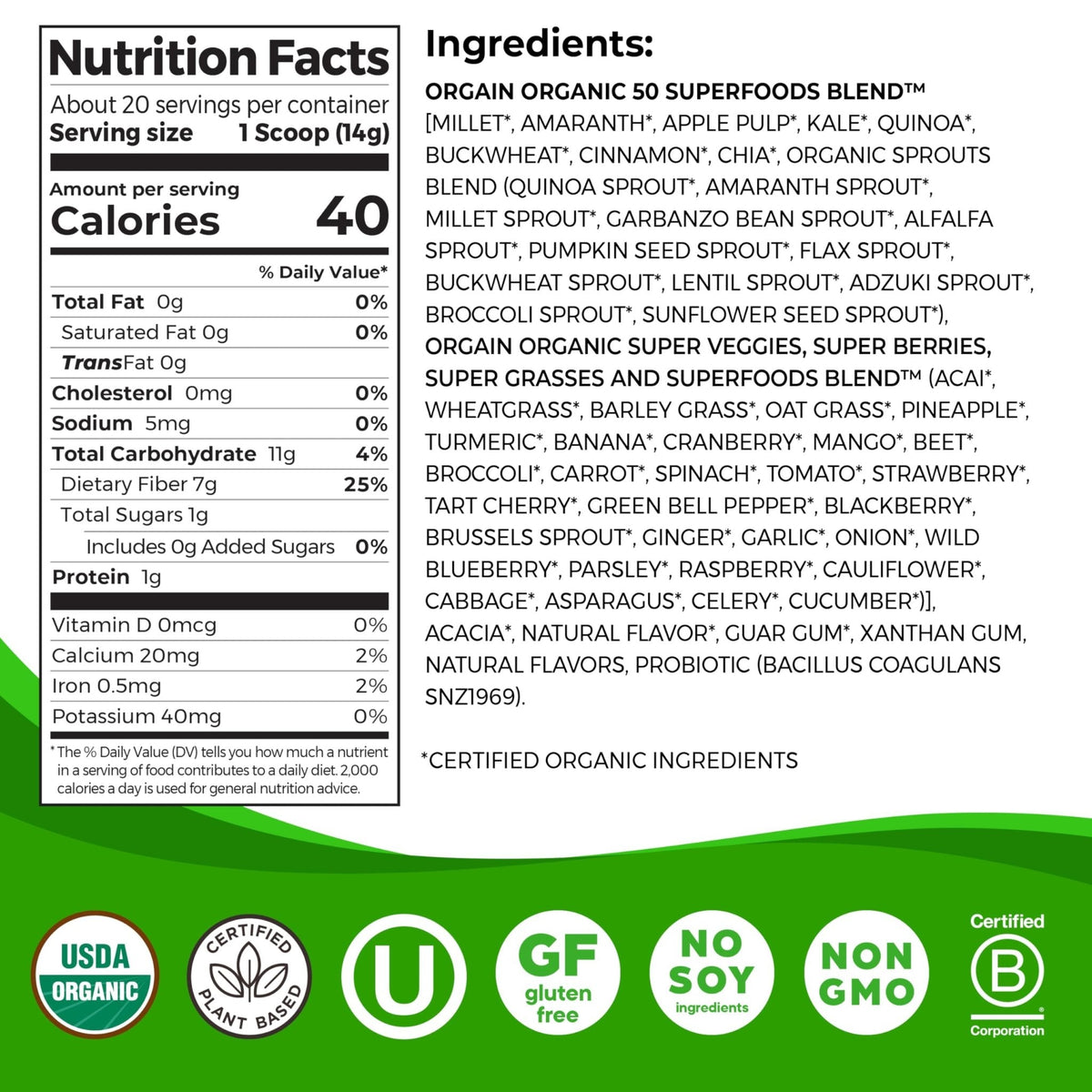 Orgain Organic Greens Powder + 50 Superfoods, Original - 1 Billion Probiotics for Digestive Health, Antioxidants, Vegan, Plant-Based, Gluten-Free, Non-GMO - PrimeBioHealth - canada supplements