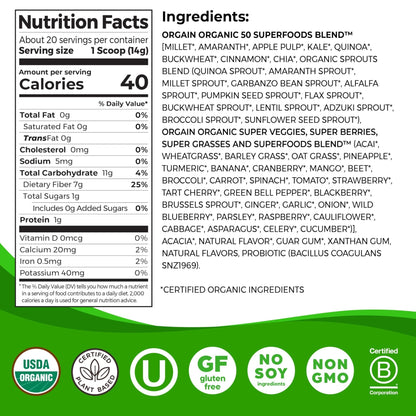 Orgain Organic Greens Powder + 50 Superfoods, Original - 1 Billion Probiotics for Digestive Health, Antioxidants, Vegan, Plant-Based, Gluten-Free, Non-GMO - PrimeBioHealth - canada supplements