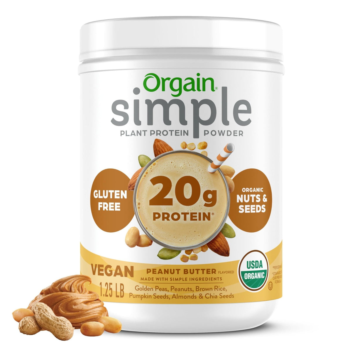 Orgain Organic Simple Vegan Protein Powder, Peanut Butter - 20g Plant Based Protein, With less Ingredients, No Artificial Sweeteners, Gluten Free, No Dairy or Lactose, 1.25 lb (Packaging May Vary) - PrimeBioHealth - canada supplements