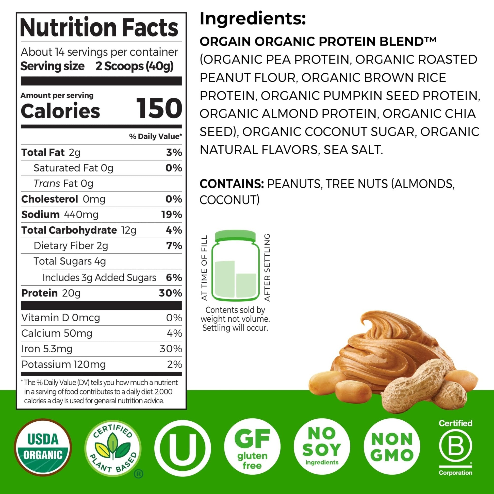 Orgain Organic Simple Vegan Protein Powder, Peanut Butter - 20g Plant Based Protein, With less Ingredients, No Artificial Sweeteners, Gluten Free, No Dairy or Lactose, 1.25 lb (Packaging May Vary) - PrimeBioHealth - canada supplements