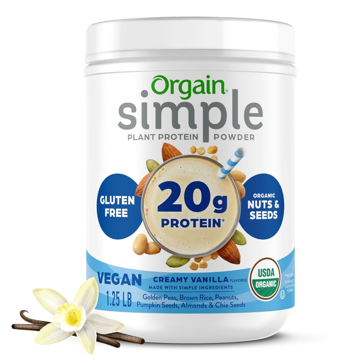 Orgain Organic Simple Vegan Protein Powder, Vanilla - 20g Plant Based Protein, Made with less Ingredients, No Artificial Sweeteners, Gluten Free, No Dairy or Lactose, 1.25 lb (Packaging May Vary) - PrimeBioHealth - canada supplements