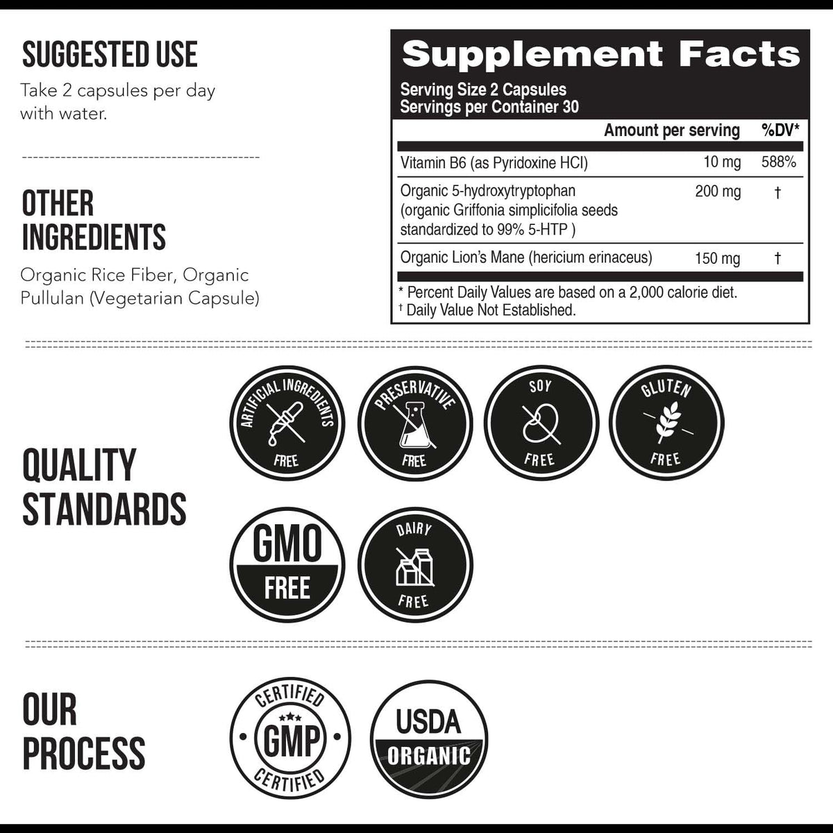Organic 5-HTP - 200 mg | 99% 5HTP Concentration, Plus Cofactor Vitamin B6 & Lion’s Mane | Water Extracted from Organic Griffonia Seeds | Supports Mood, Cognition & Sleep (60 Capsules | 30 Servings) - PrimeBioHealth - canada supplements