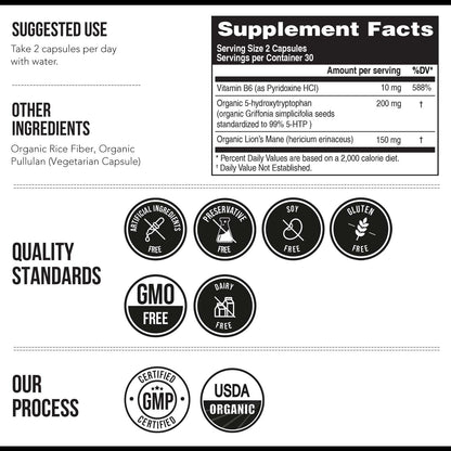 Organic 5-HTP - 200 mg | 99% 5HTP Concentration, Plus Cofactor Vitamin B6 & Lion’s Mane | Water Extracted from Organic Griffonia Seeds | Supports Mood, Cognition & Sleep (60 Capsules | 30 Servings) - PrimeBioHealth - canada supplements
