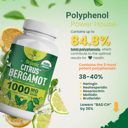 Organic Citrus Bergamot Supplement - Only USDA, Cardiologist Formulated with 200+ Scientific Studies -1000mg - Patented Extract, Heart, Cholesterol, - PrimeBioHealth - canada supplements