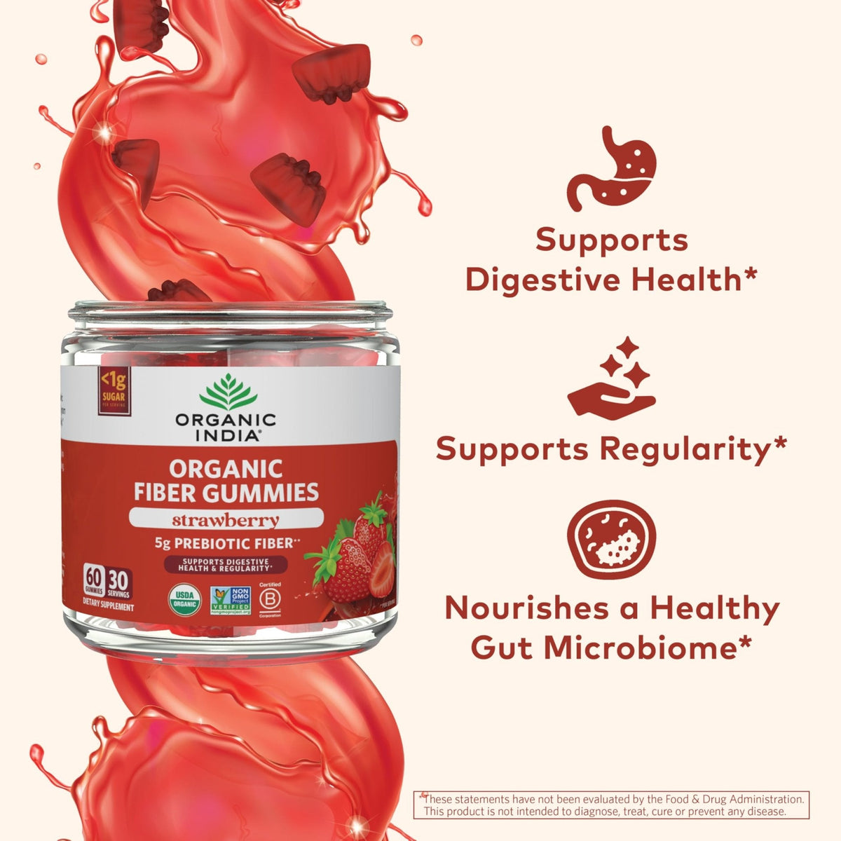 ORGANIC INDIA Fiber Gummies for Adults - Prebiotic Fiber, Dietary Supplement, Digestive Health for Men & Women, Vegan, Low Sugar - PrimeBioHealth - canada supplements