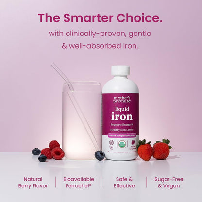 Organic Liquid Iron Supplement for Women, Men & Kids with Vitamin C | Sugar Free Natural Berry Flavor Non Constipating Vegan Ferrochel - PrimeBioHealth - canada supplements