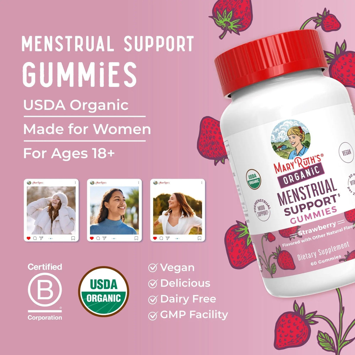 Organic Menstrual Support Gummies by MaryRuth's | for The Relief of Common Symptoms of Premenstrual Syndrome | PMS Support | Premenstrual Mood Support | USDA Organic | Non-GMO | Vegan | 30 Servings - PrimeBioHealth - canada supplements