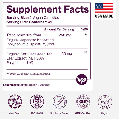 Organic Resveratrol Supplement – Trans-Resveratrol Capsules with Green Tea – Highly Purified & Bioavailable - PrimeBioHealth - canada supplements