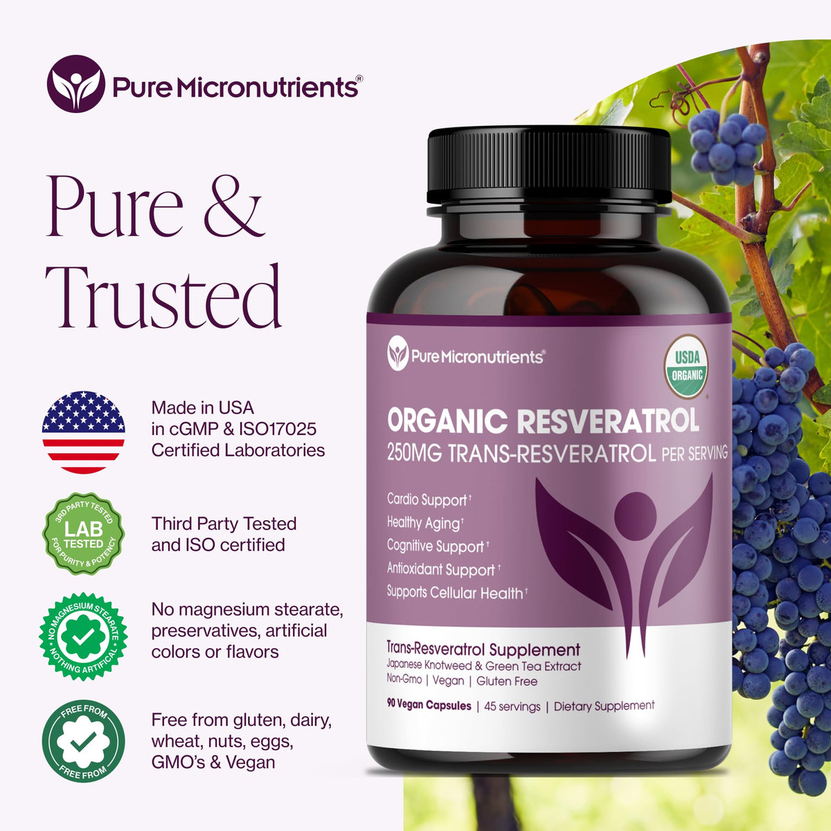 Organic Resveratrol Supplement – Trans-Resveratrol Capsules with Green Tea – Highly Purified & Bioavailable - PrimeBioHealth - canada supplements