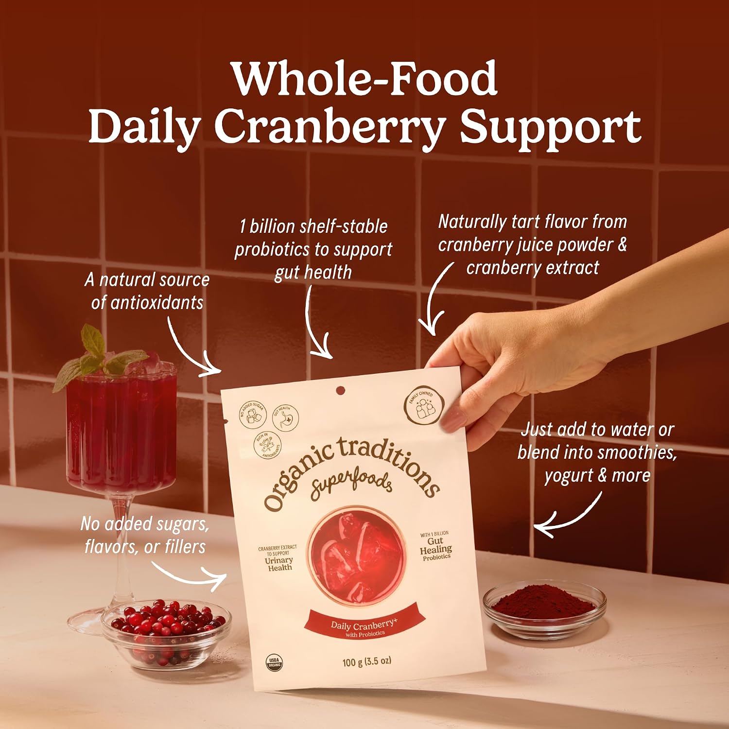 Organic Traditions Cranberry Powder, Organic Cranberry Juice Powder with Cranberries and Probiotics, No Added Sugar, Plant-Based Powder for Smoothies and Recipes, Vegan Non-GMO, 100g / 3.5oz Bag - PrimeBioHealth - canada supplements