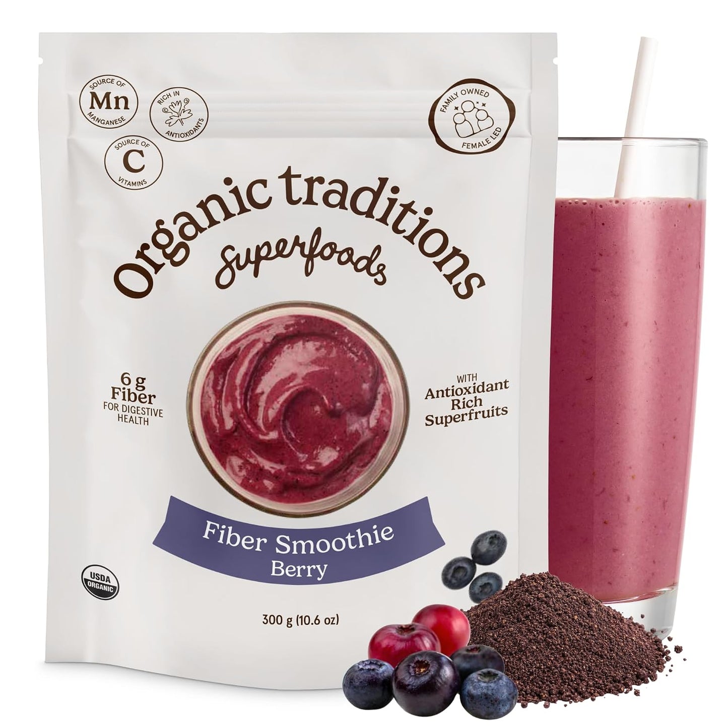 Organic Traditions Fiber Smoothie Berry, Prebiotic Fiber Powder with Chia, Flax, Acacia, Psyllium, Superfruits and Superfood Blend, Supports Digestive Health and Daily Wellness, 300g /10.6oz - PrimeBioHealth - canada supplements