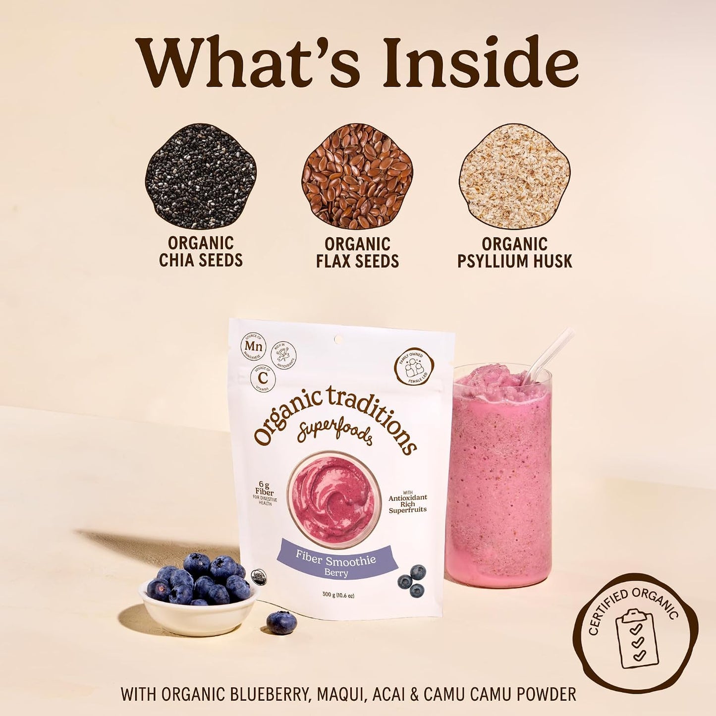 Organic Traditions Fiber Smoothie Berry, Prebiotic Fiber Powder with Chia, Flax, Acacia, Psyllium, Superfruits and Superfood Blend, Supports Digestive Health and Daily Wellness, 300g /10.6oz - PrimeBioHealth - canada supplements
