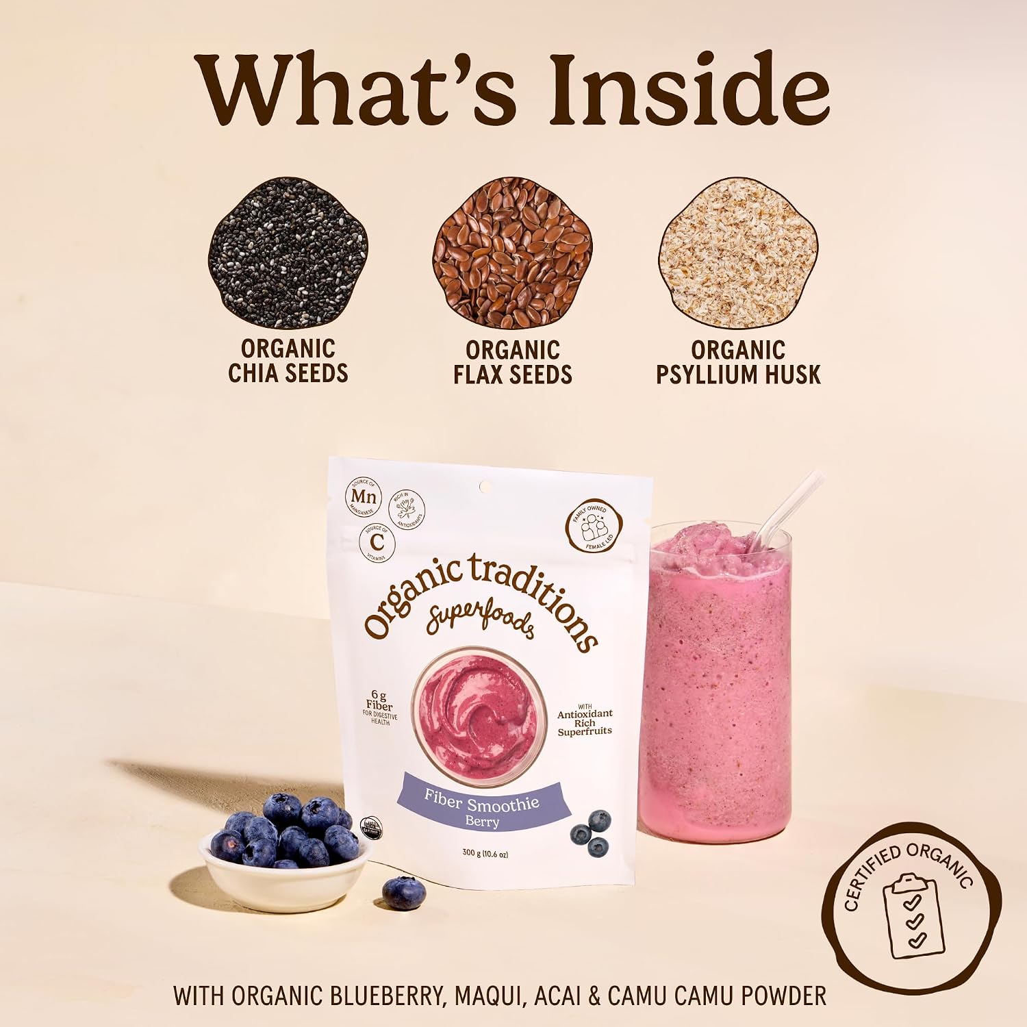 Organic Traditions Fiber Smoothie Berry, Prebiotic Fiber Powder with Chia, Flax, Acacia, Psyllium, Superfruits and Superfood Blend, Supports Digestive Health and Daily Wellness, 300g /10.6oz - PrimeBioHealth - canada supplements