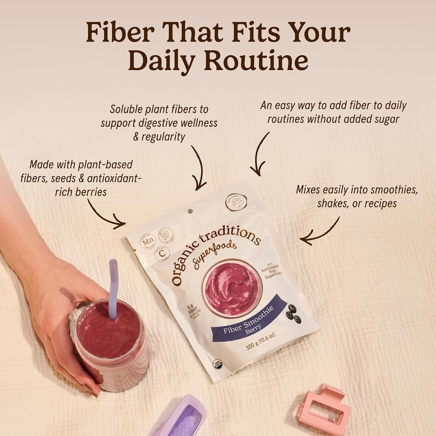 Organic Traditions Fiber Smoothie Berry, Prebiotic Fiber Powder with Chia, Flax, Acacia, Psyllium, Superfruits and Superfood Blend, Supports Digestive Health and Daily Wellness, 300g /10.6oz - PrimeBioHealth - canada supplements