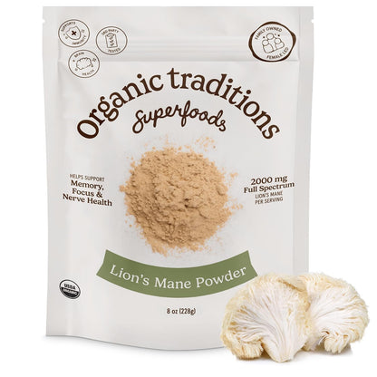 Organic Traditions Lion’s Mane Powder, Organic Full Spectrum Mushroom Powder, 2000 mg Serving for Smoothies, Wellness Drinks, Versatile Superfood Ingredient, Daily Wellness Routines, 228g / 8oz - PrimeBioHealth - canada supplements