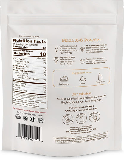 Organic Traditions Maca X 6 Powder, Maca Root Black Red and Yellow, Traditionally Used in Peru for Vitality and Daily Energy, Concentrated Superfood for Daily Wellnes for Men and Women, 150g / 5.3oz - PrimeBioHealth - canada supplements
