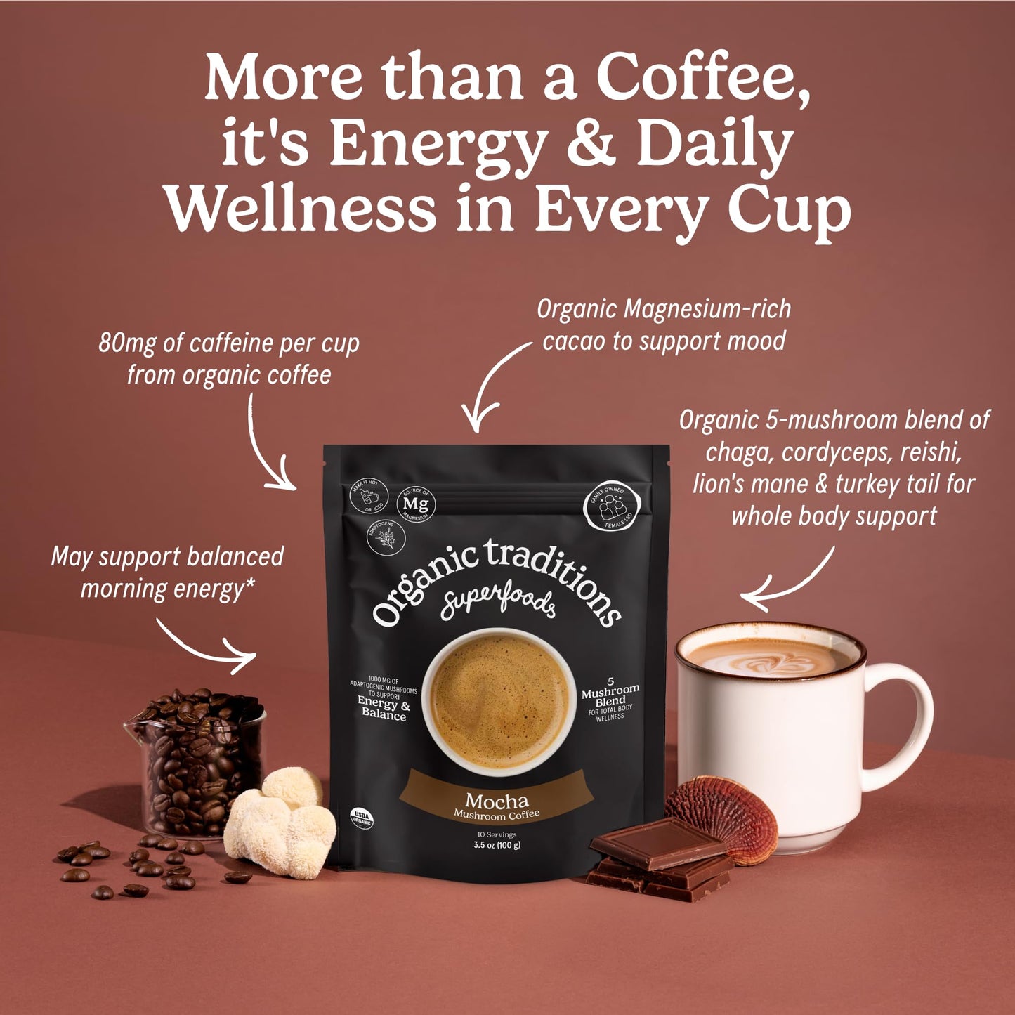 Organic Traditions Mind Fuel Instant Mushroom Coffee Alternative, Caffeine Free Lion’s Mane and Maca Herbal Drink with Dandelion, Chicory, Roasted Grain Blend, Natural Focus Support, 140g / 5oz - PrimeBioHealth - canada supplements