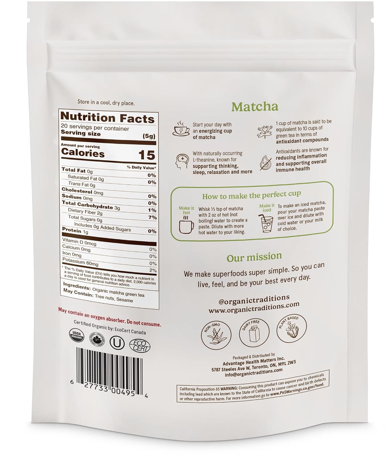 Organic Traditions Premium Matcha Powder, Authentic Japanese Tencha Leaves, Green Tea Rich in Antioxidants and Naturally Occurring L-Theanine for Calm Focus, Energy Drink Tea, 100g / 3.5oz Bag - PrimeBioHealth - canada supplements