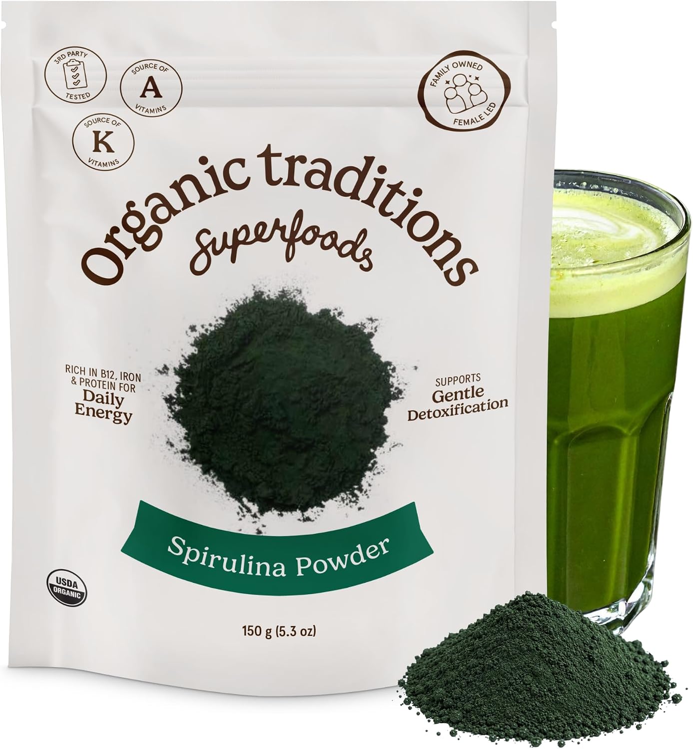 Organic Traditions Spirulina Powder Organic, Plant-Based Green Superfood for Smoothies, Rich Algae Powder for Energy Support, Easy Mixing Spirulina for Daily Wellness Routines, 150g / 5.3oz Bag - PrimeBioHealth - canada supplements