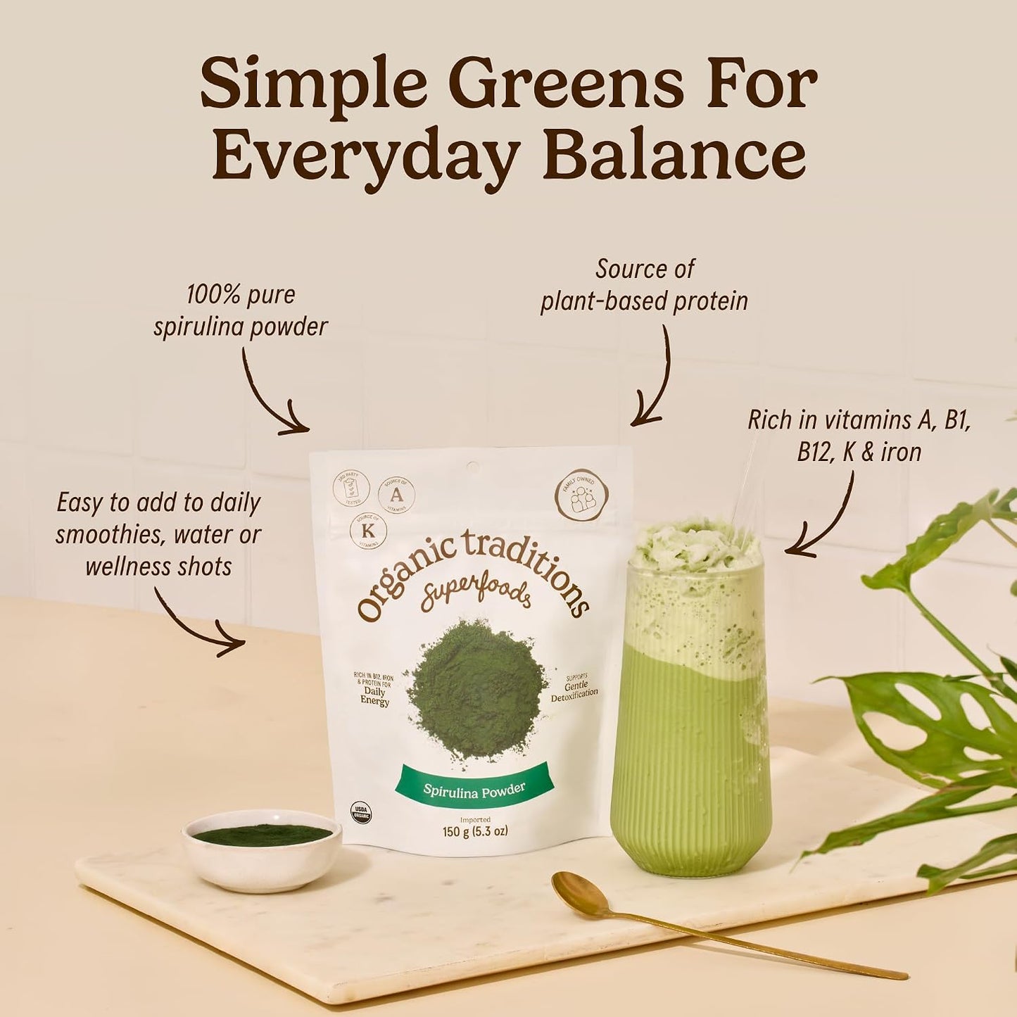 Organic Traditions Spirulina Powder Organic, Plant-Based Green Superfood for Smoothies, Rich Algae Powder for Energy Support, Easy Mixing Spirulina for Daily Wellness Routines, 150g / 5.3oz Bag - PrimeBioHealth - canada supplements