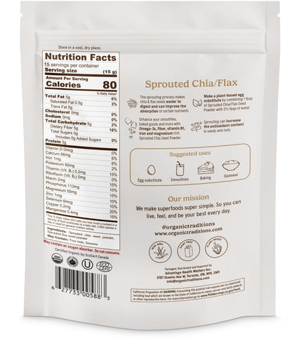 Organic Traditions Sprouted Chia and Flax Seed Powder, Organic Chia Seeds and Flax Blend for Smoothies Baking Oatmeal Egg Substitute, Plant Based Non GMO High Fiber Omega 3 Superfood, 454g / 16 oz Bag - PrimeBioHealth - canada supplements