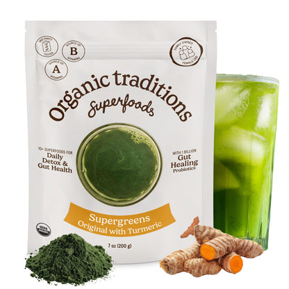 Organic Traditions Super Greens Powder with Turmeric, Organic Greens Superfood Blend with Vitamins Minerals and Probiotics, Plant Based Green Juice Mix for Smoothies and Drinks, 100g / 3.5oz Bag - PrimeBioHealth - canada supplements
