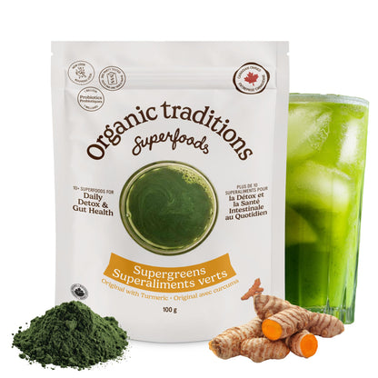 Organic Traditions Super Greens Powder with Turmeric, Organic Greens Superfood Blend with Vitamins Minerals and Probiotics, Plant Based Green Juice Mix for Smoothies and Drinks, 100g / 3.5oz Bag - PrimeBioHealth - canada supplements