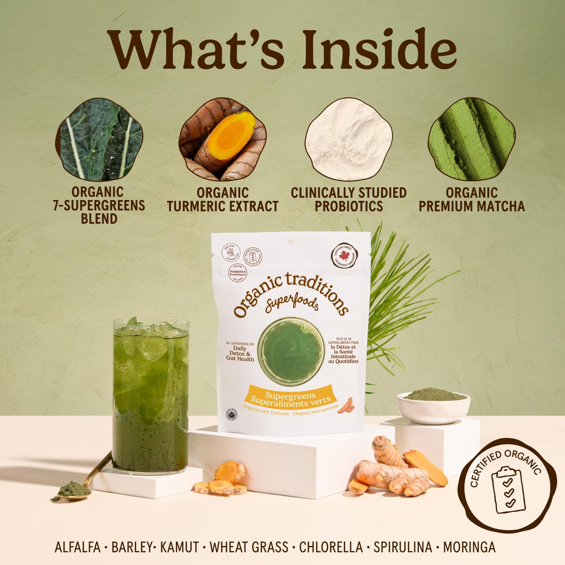 Organic Traditions Super Greens Powder with Turmeric, Organic Greens Superfood Blend with Vitamins Minerals and Probiotics, Plant Based Green Juice Mix for Smoothies and Drinks, 100g / 3.5oz Bag - PrimeBioHealth - canada supplements
