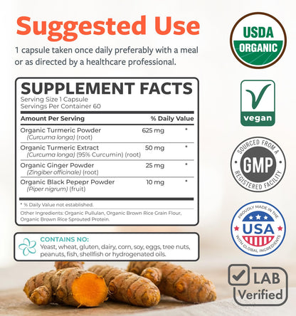 Organic Turmeric Ginger Black Pepper Supplement - High Potency Organic Turmeric Curcumin Capsules with Ginger & Black Pepper for Enhanced Benefits and Absorption - Vegan & Non-GMO (2 Month Supply) - PrimeBioHealth - canada supplements