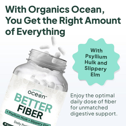 Organics Ocean Better Fiber - Daily Fiber Supplement - Soften Stool for Effortless Bowel Movements - with Psyllium Hulk and Slippery Elm - 90 Capsules - PrimeBioHealth - canada supplements