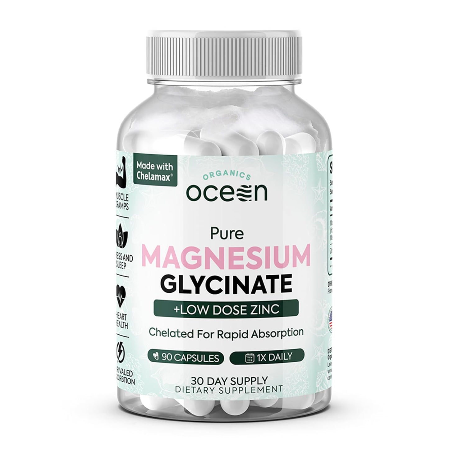 Organics Ocean Pure Magnesium Glycinate with Zinc - Maximum Strength Chelated Magnesium Supplement for Women and Men - PrimeBioHealth - canada supplements