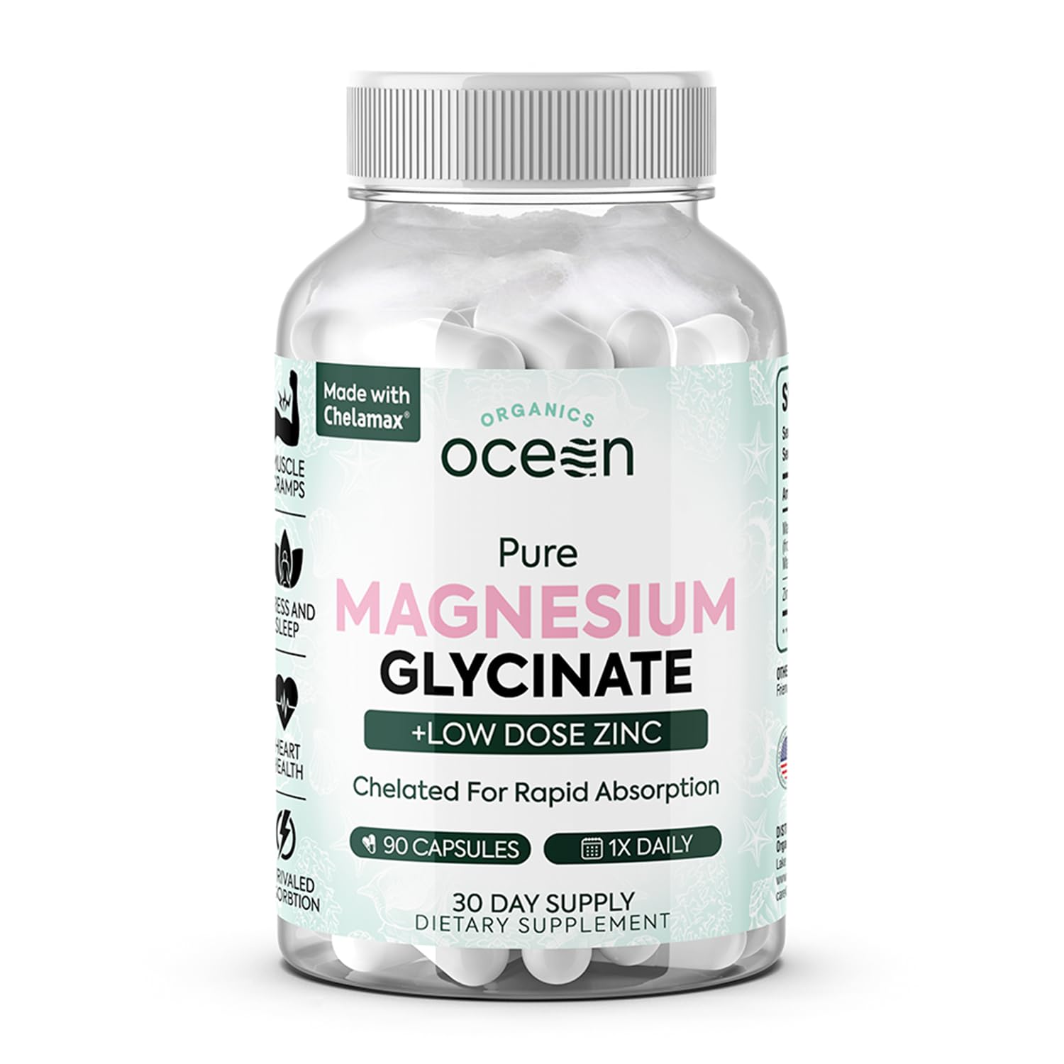 Organics Ocean Pure Magnesium Glycinate with Zinc - Maximum Strength Chelated Magnesium Supplement for Women and Men - PrimeBioHealth - canada supplements