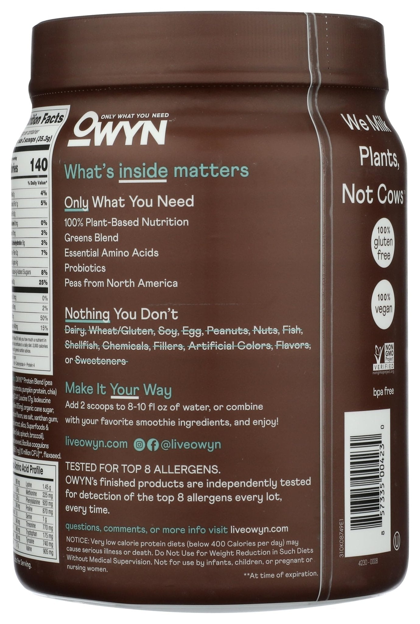 OWYN Only What You Need Plant-Based Protein Powder, Dark Chocolate, 1.17 lbs - PrimeBioHealth - canada supplements