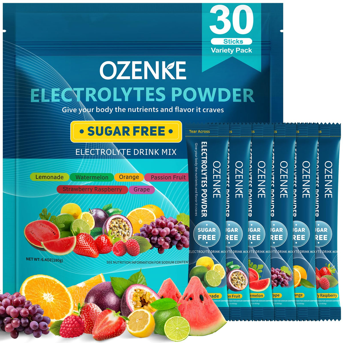OZENKE Electrolytes Powder Packets, 30 Sticks Hydration Packets Sugar Free, Electrolyte Drink Mix Travel Electrolyte Packets - PrimeBioHealth - canada supplements