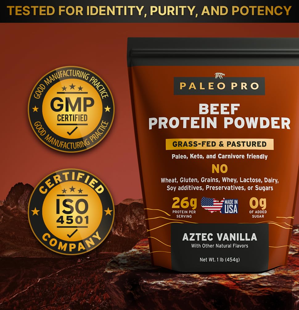 Paleo Pro 26G Beef Protein Powder - Grass Fed Protein Powder Isolate - Pure Animal Based Pastured & Cage-Free | Dairy & Gluten Free, Natural & Clean Proteins for Paleo & Keto - 15 Days Supply Vanilla - PrimeBioHealth - canada supplements