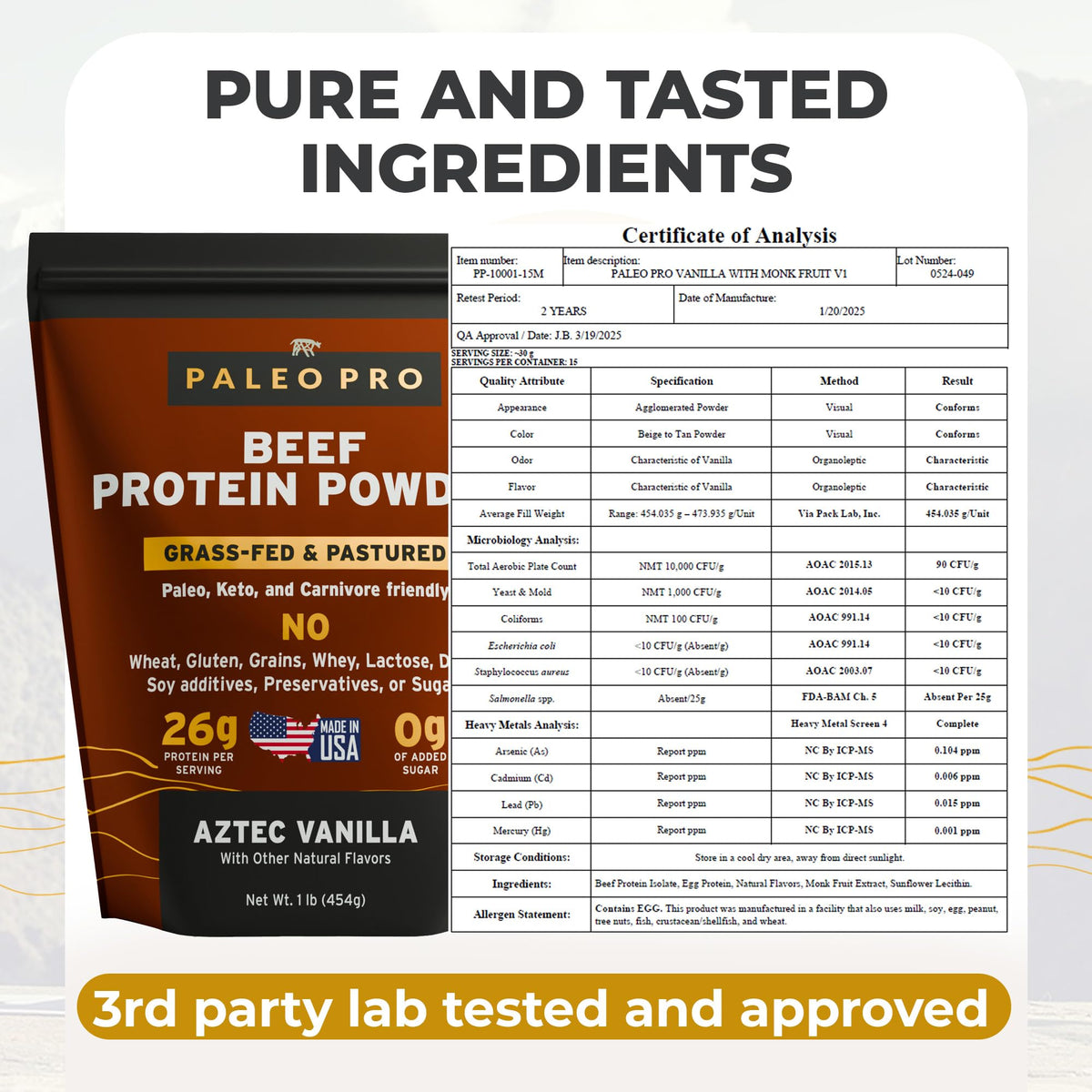 Paleo Pro 26G Beef Protein Powder - Grass Fed Protein Powder Isolate - Pure Animal Based Pastured & Cage-Free | Dairy & Gluten Free, Natural & Clean Proteins for Paleo & Keto - 15 Days Supply Vanilla - PrimeBioHealth - canada supplements