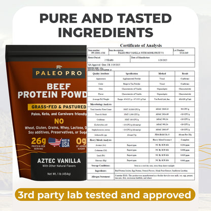 Paleo Pro 26G Beef Protein Powder - Grass Fed Protein Powder Isolate - Pure Animal Based Pastured & Cage-Free | Dairy & Gluten Free, Natural & Clean Proteins for Paleo & Keto - 15 Days Supply Vanilla - PrimeBioHealth - canada supplements