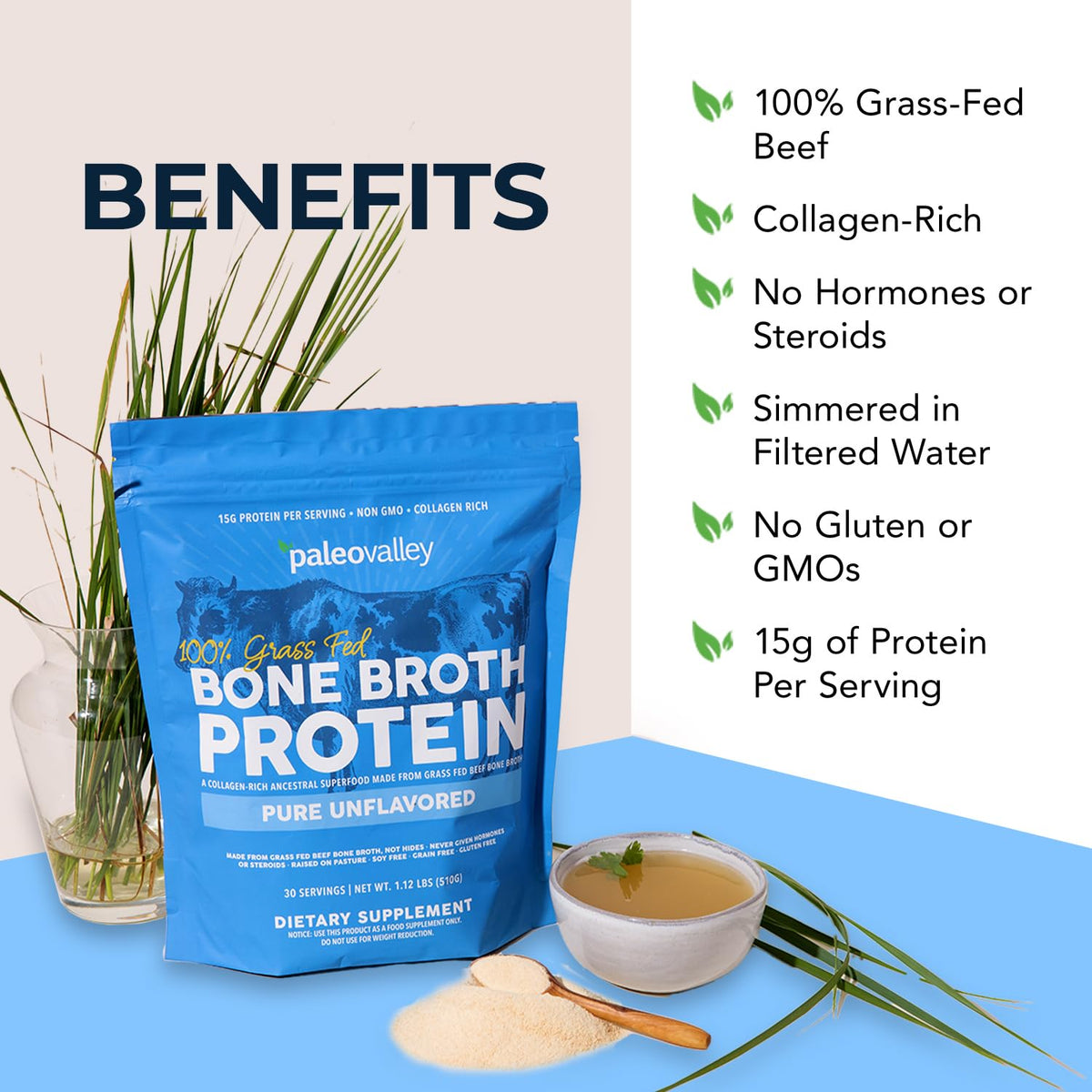 Paleovalley 100% Grass Fed Beef Bone Broth Protein Powder - Rich in Collagen Peptides for Hair, Skin, Gut Health, Bone and Joint Support - PrimeBioHealth - canada supplements