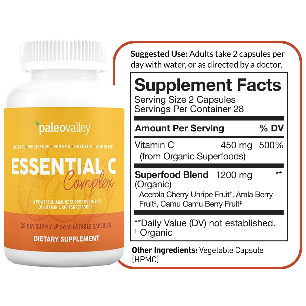 Paleovalley Essential C Complex - Vitamin C Supplement for Immune Support - 1 Pack, 450mg - Organic Superfoods Unripe Acerola Cherry, Camu Camu, Amla Berry - PrimeBioHealth - canada supplements
