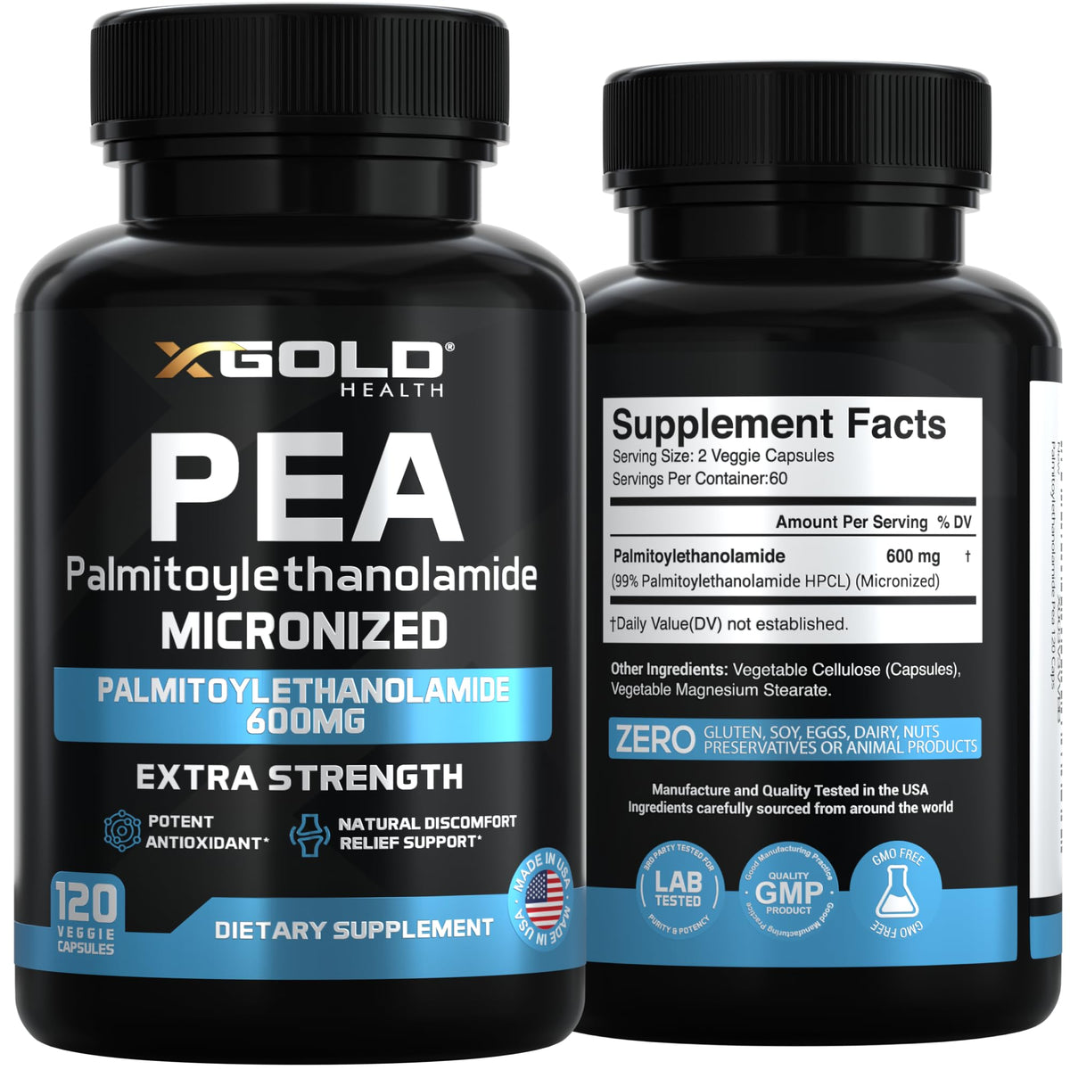 Palmitoylethanolamide Pea Supplement 600 mg | Micronized Pea 99% Highly Purified and Bioavailable | Made in USA | Supplement for Men and Women - 120 Capsules - PrimeBioHealth - canada supplements