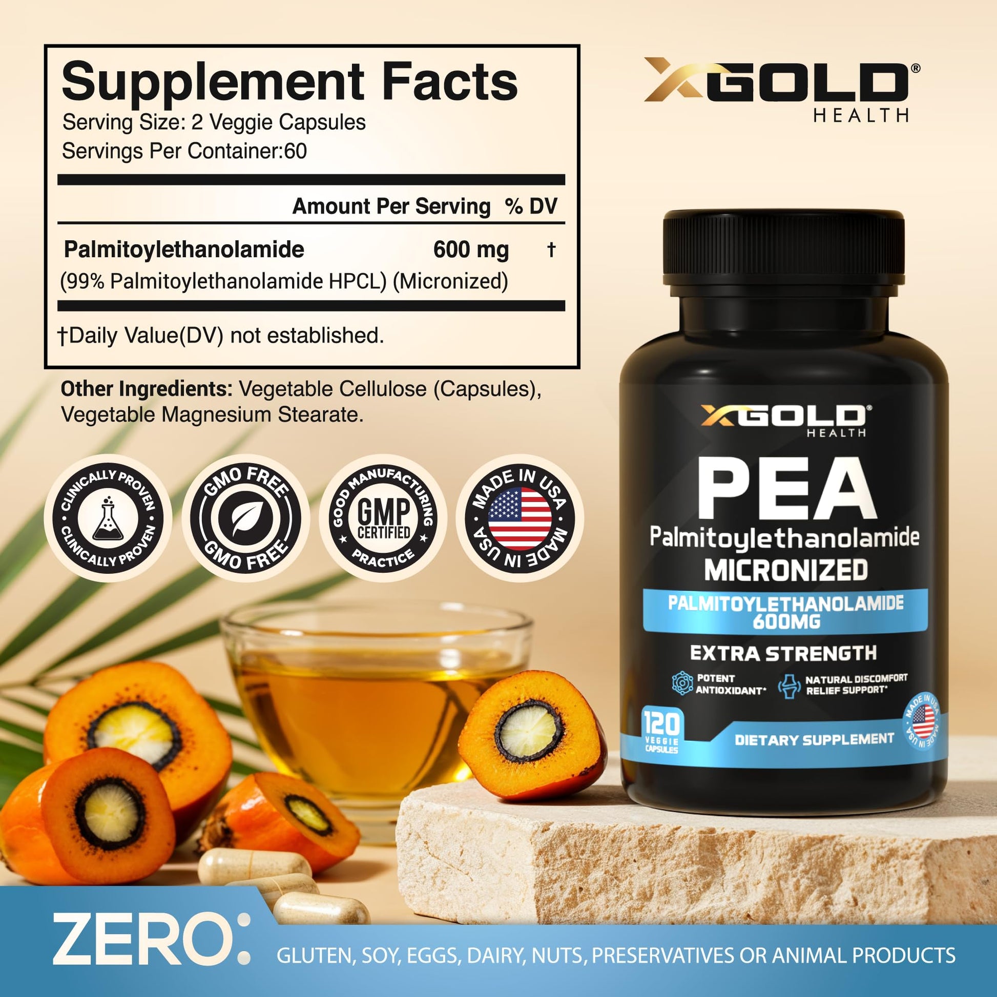 Palmitoylethanolamide Pea Supplement 600 mg | Micronized Pea 99% Highly Purified and Bioavailable | Made in USA | Supplement for Men and Women - 120 Capsules - PrimeBioHealth - canada supplements
