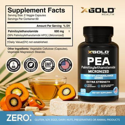 Palmitoylethanolamide Pea Supplement 600 mg | Micronized Pea 99% Highly Purified and Bioavailable | Made in USA | Supplement for Men and Women - 120 Capsules - PrimeBioHealth - canada supplements