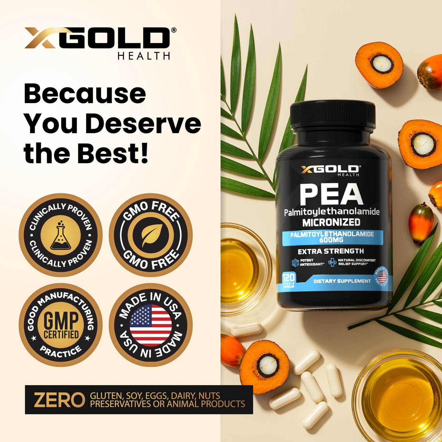 Palmitoylethanolamide Pea Supplement 600 mg | Micronized Pea 99% Highly Purified and Bioavailable | Made in USA | Supplement for Men and Women - 120 Capsules - PrimeBioHealth - canada supplements