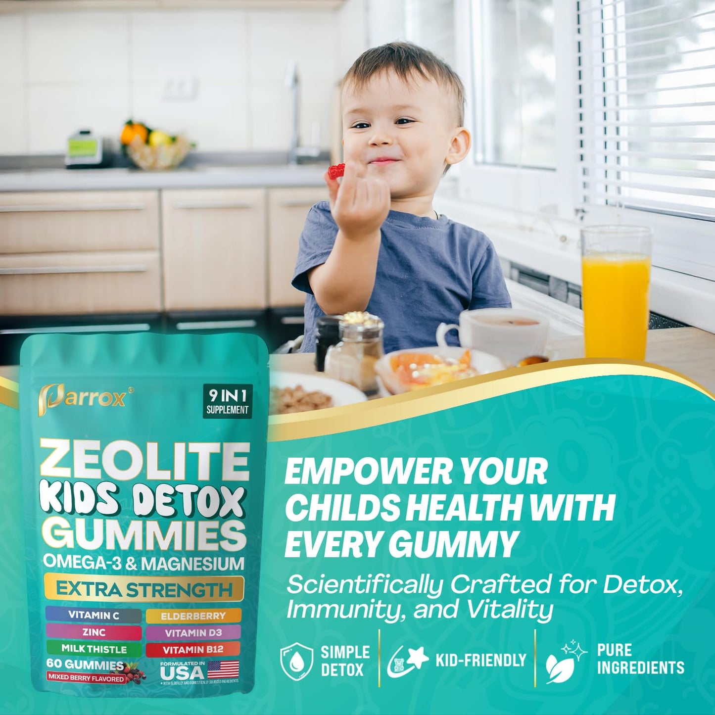 Parrox Zeolite Kids Gummies, 9-in-1 with Zeolite, Omega-3, Magnesium, Elderberry, Vitamin C, Milk Thistle, Vitamin D3, Zinc, B12 – Sugar-Free - PrimeBioHealth - canada supplements